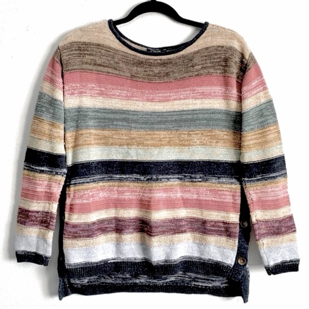 Chaps‎ Muted Earthy Tone Striped Knit Sweater Button Side Cotton Blend Relaxed L